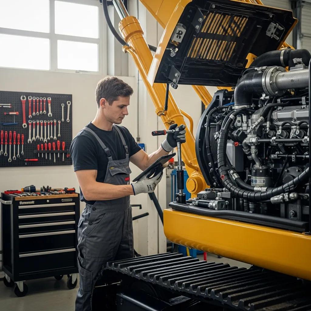 A person conducting maintenance checks on an excavator, emphasizing the importance of equipment preparation for rental