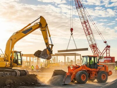 Construction equipment including excavators and cranes at a busy construction site, highlighting rental opportunities